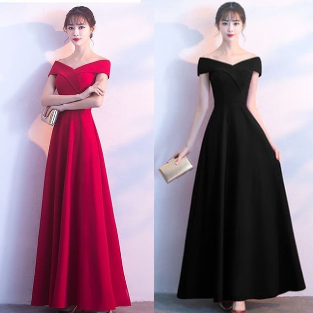 Evening Short Shoulder Off Gown Sleeve V-Neck Plain A-Line