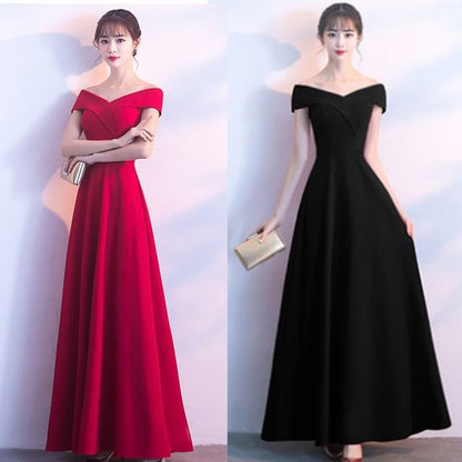 Evening Short Shoulder Off Gown Sleeve V-Neck Plain A-Line