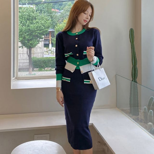 Color Block Button Cardigan & Mini Pencil Skirt Set