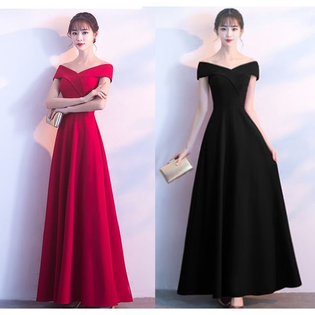 Evening Short Shoulder Off Gown Sleeve V-Neck Plain A-Line
