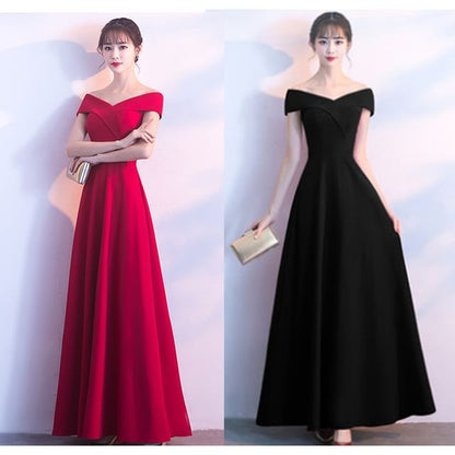 Evening Short Shoulder Off Gown Sleeve V-Neck Plain A-Line