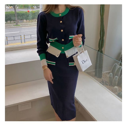 Color Block Button Cardigan & Mini Pencil Skirt Set