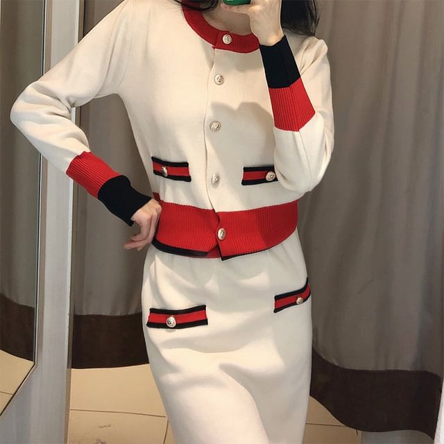 Color Block Button Cardigan & Mini Pencil Skirt Set