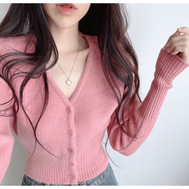 Crop V-Neck Plain Cardigan