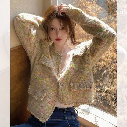 Melange Button-Up Crop Cardigan