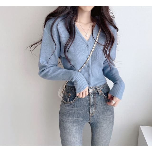 Crop V-Neck Plain Cardigan