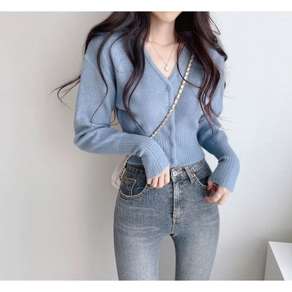 Crop V-Neck Plain Cardigan