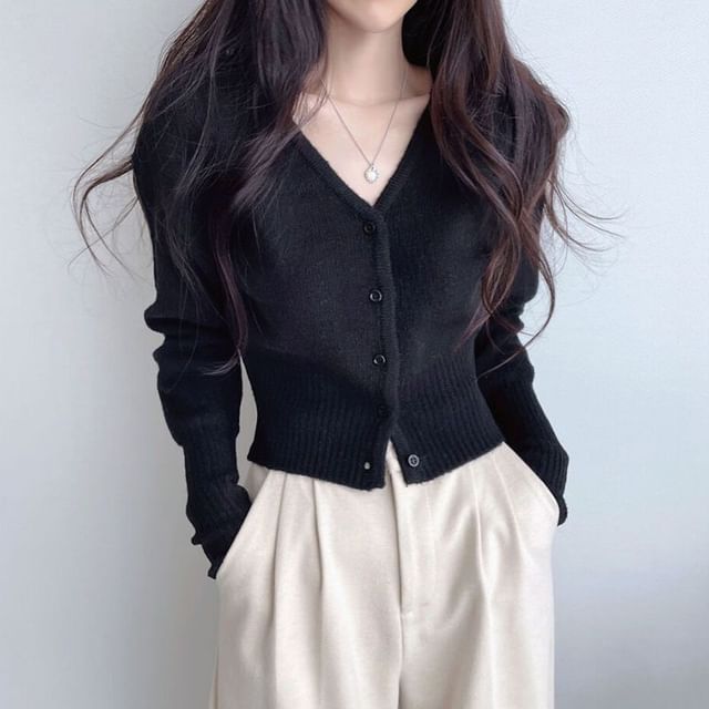 Crop V-Neck Plain Cardigan