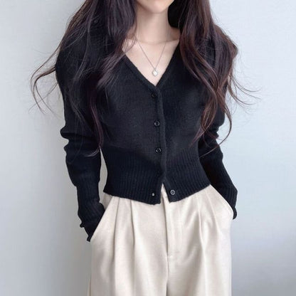 Crop V-Neck Plain Cardigan
