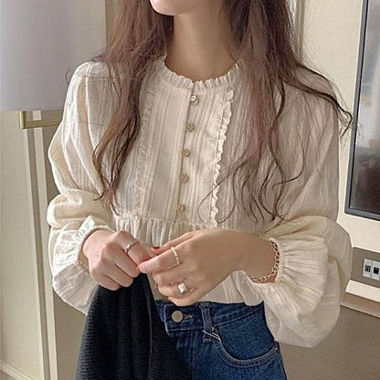 Long-Sleeve Lace Trim Blouse