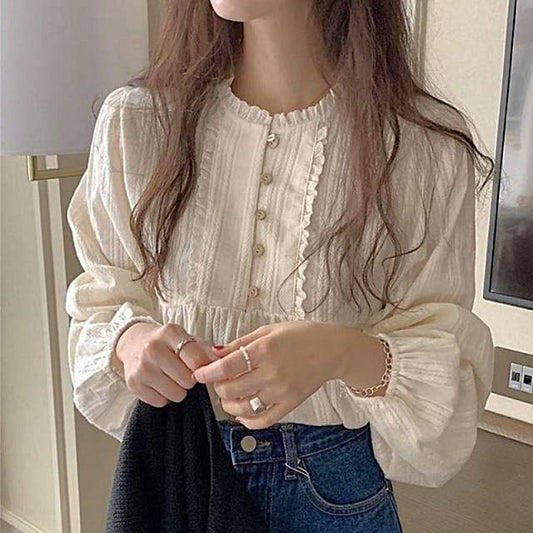 Long-Sleeve Lace Trim Blouse