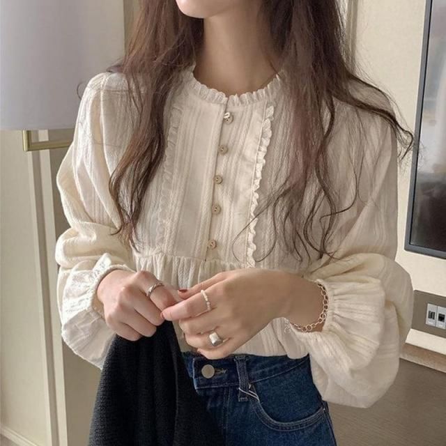 Long-Sleeve Lace Trim Blouse