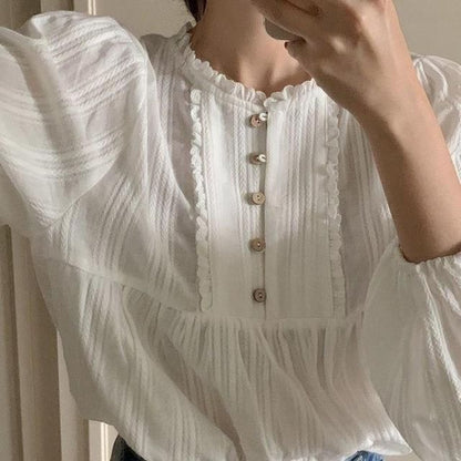 Long-Sleeve Lace Trim Blouse