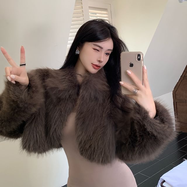 Collared Plain Fluffy Open Front Crop Jacket