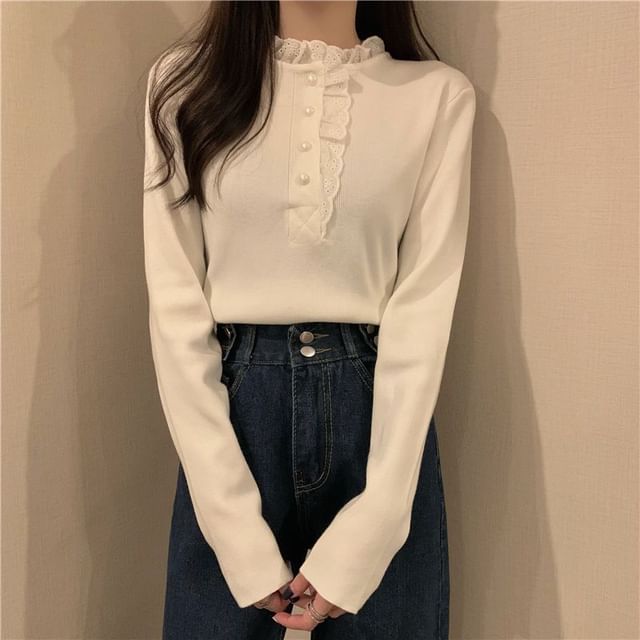 Henley Knit Top with Lace Trim and Long Sleeves