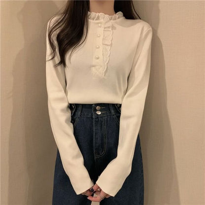 Henley Knit Top with Lace Trim and Long Sleeves