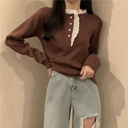 Henley Knit Top with Lace Trim and Long Sleeves