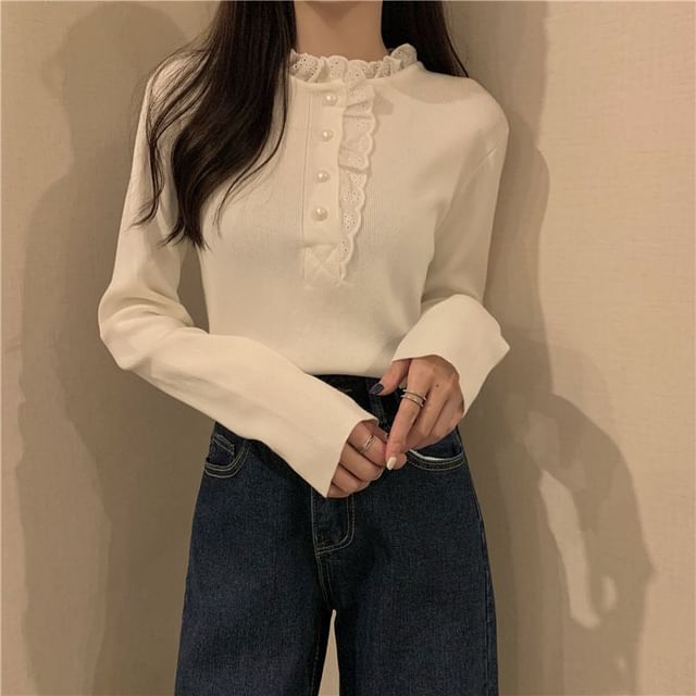 Henley Knit Top with Lace Trim and Long Sleeves