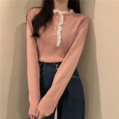 Henley Knit Top with Lace Trim and Long Sleeves