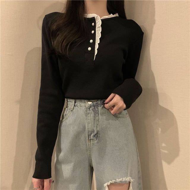 Henley Knit Top with Lace Trim and Long Sleeves