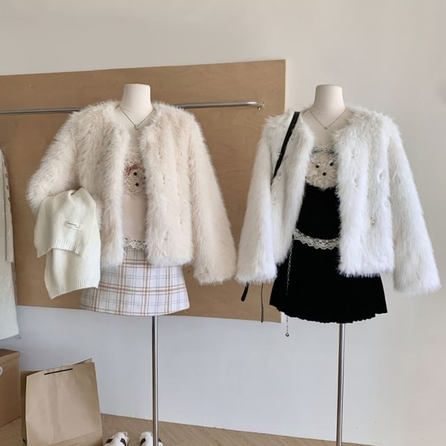 Round Neck Beaded Fluffy Jacket