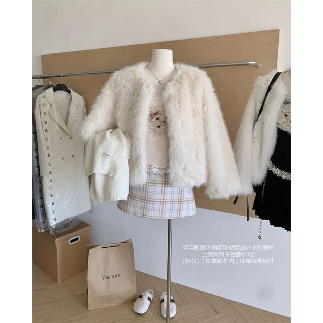 Round Neck Beaded Fluffy Jacket