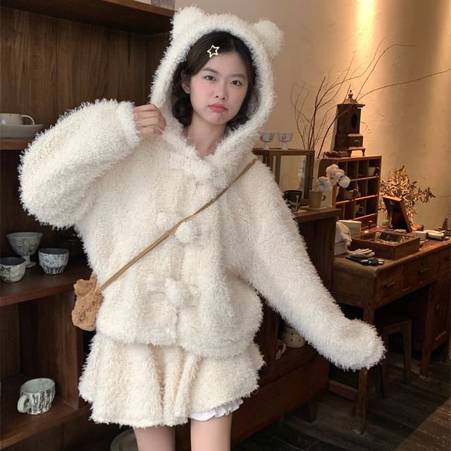 Plain Bear Ear Accent Fluffy Hooded Button-Up Jacket / High Rise Mini A-Line Skirt