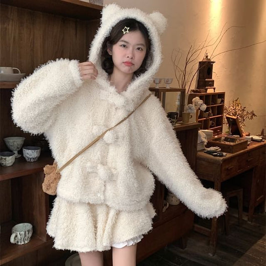 Plain Bear Ear Accent Fluffy Hooded Button-Up Jacket / High Rise Mini A-Line Skirt