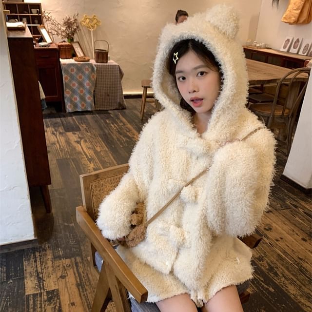 Plain Bear Ear Accent Fluffy Hooded Button-Up Jacket / High Rise Mini A-Line Skirt