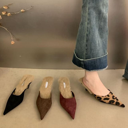 Kitten Heel Pointed Toe Fleece-Lined Mules