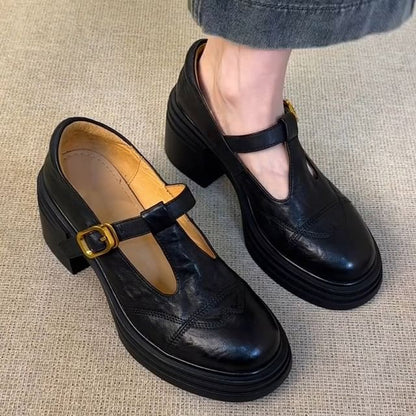 Faux Platform Plain Shoes T-Strap Jane Leather Mary