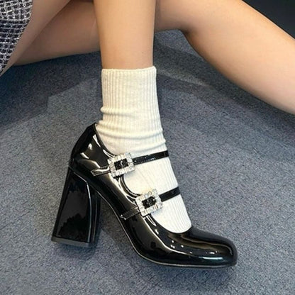 Chunky Heel Rhinestone Buckled Patent Leather Mary Jane Pumps