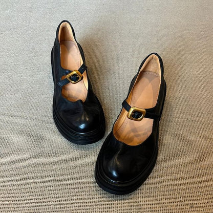 Chunky Heel Plain Buckled Faux Leather Mary Jane Shoes