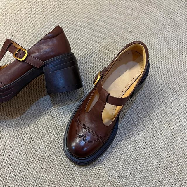 Faux Platform Plain Shoes T-Strap Jane Leather Mary