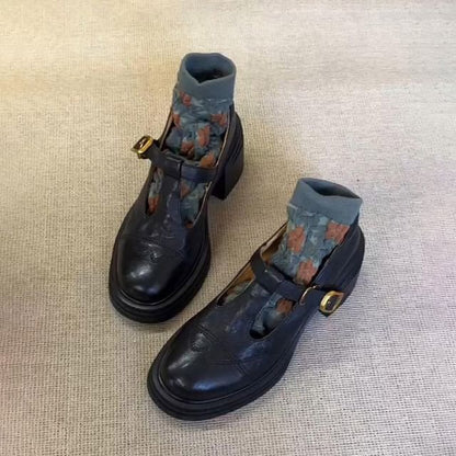 Faux Platform Plain Shoes T-Strap Jane Leather Mary