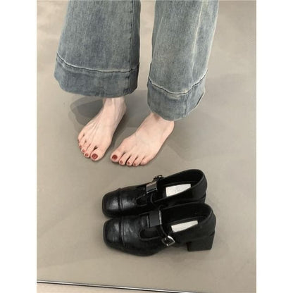 Chunky Heel Square Toe T-Strap Plain Faux Leather Mary Jane Pumps