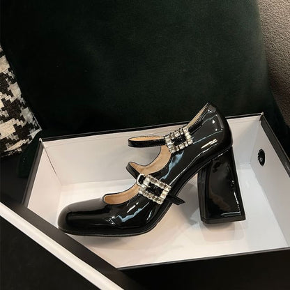 Chunky Heel Rhinestone Buckled Patent Leather Mary Jane Pumps