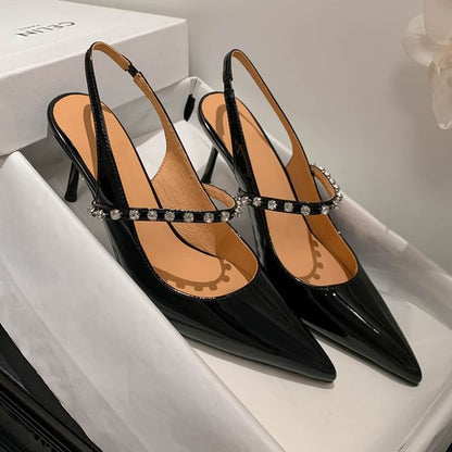 Stiletto Pointed Toe Rhinestone Accent Patent Leather Slingback Sandals