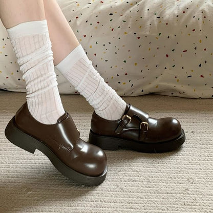 Platform Monk Strap Plain Faux Leather Shoes