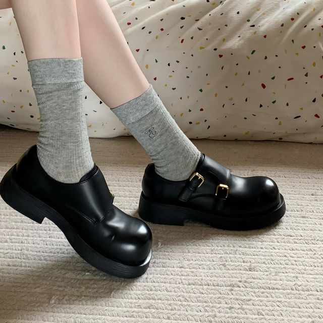 Platform Monk Strap Plain Faux Leather Shoes