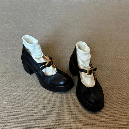 Chunky Heel Plain Buckled Faux Leather Mary Jane Shoes