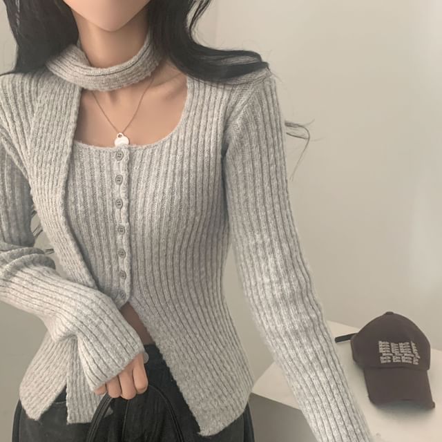 Square Neck Ribbed Knit Long Sleeve Cardigan with Scarf