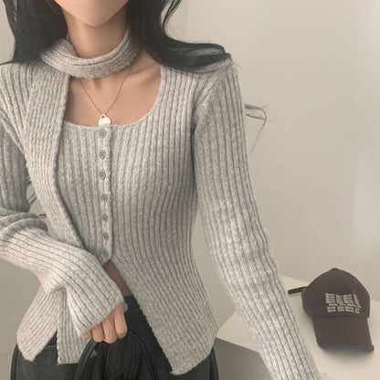 Square Neck Ribbed Knit Long Sleeve Cardigan with Scarf