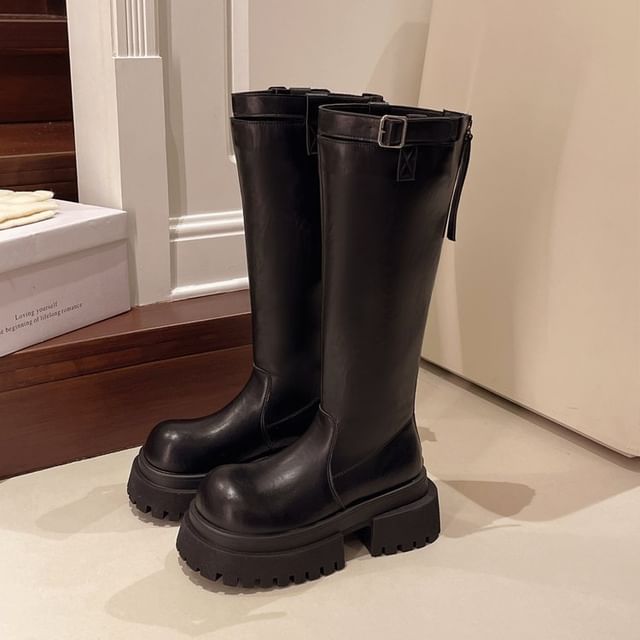 Tall Plain Boots Buckled Platform