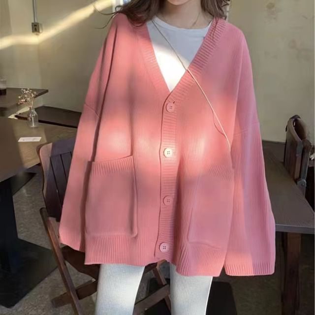 V-Neck Solid Pocket Knit Cardigan