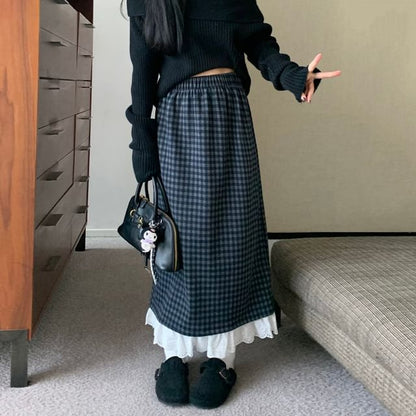 Lace Trim Maxi Skirt - High Rise A-Line Design