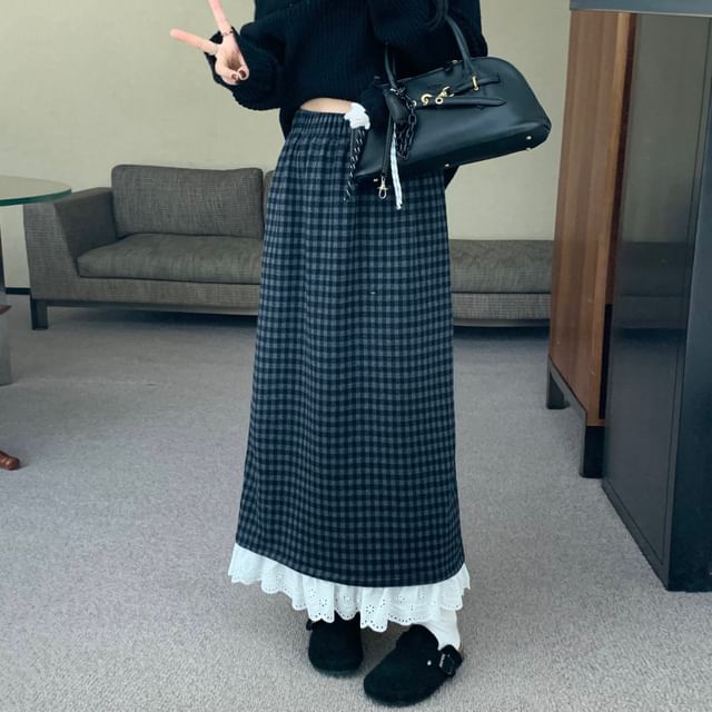 Lace Trim Maxi Skirt - High Rise A-Line Design