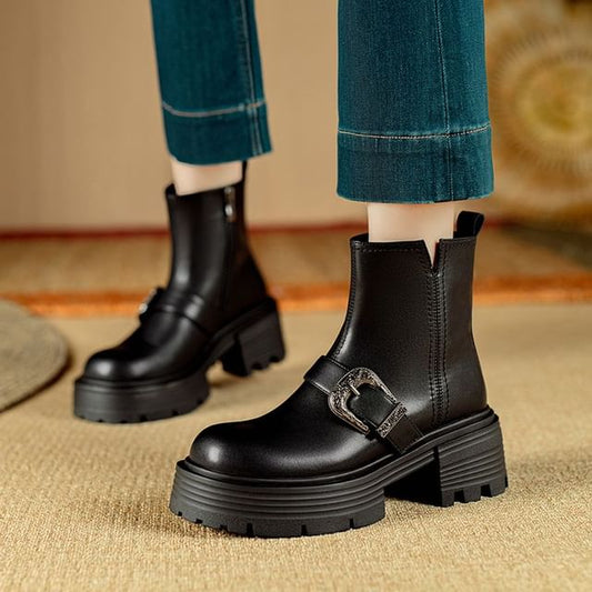 Platform Plain Buckled Genuine Leather Short Boots