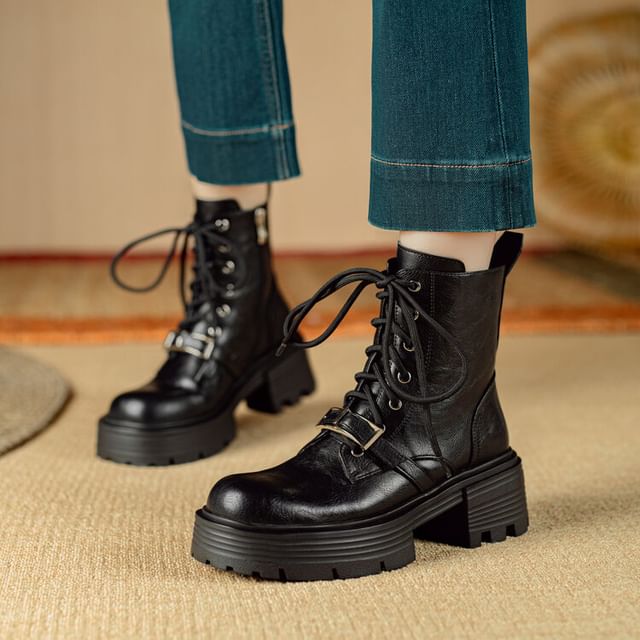 Platform Plain Buckled Lace-Up Genuine Leather Short Boots