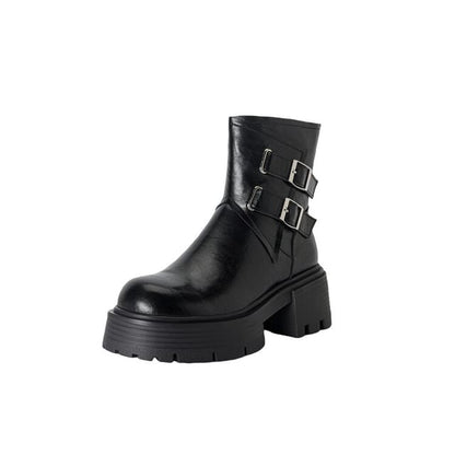 Platform Plain Buckled Zip-Up Genuine Leather Short Boots